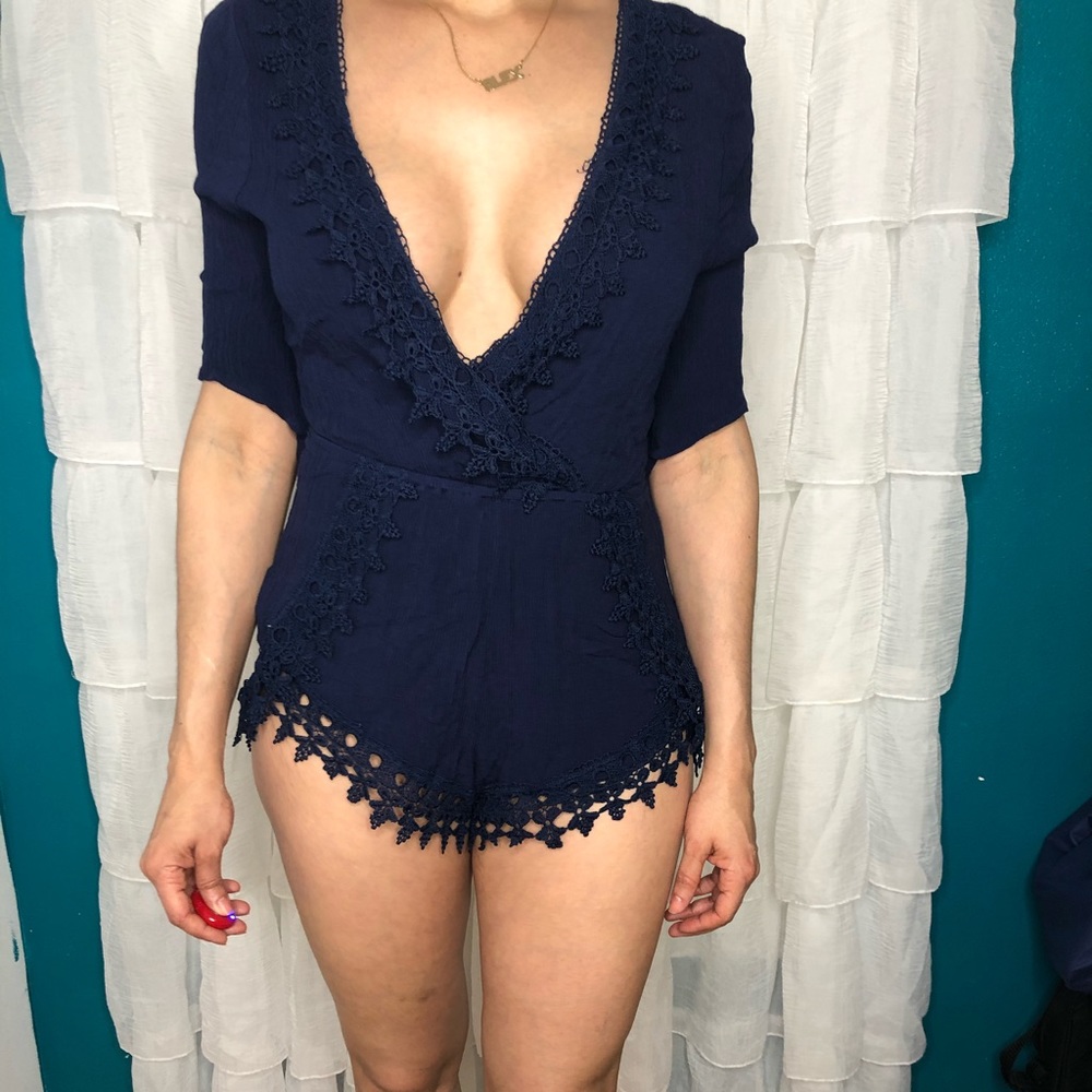 Navy blue Crochet/ lace Details Romper